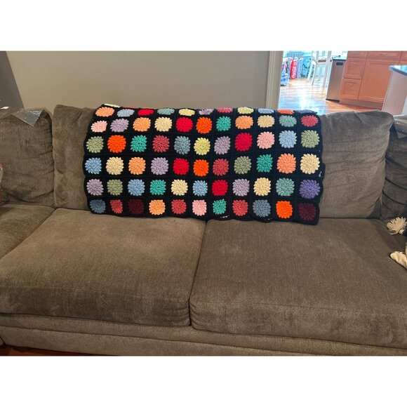 Handmade Crochet Black Multicolor Afghan Granny Blanket Throw Roseanne 48"x68" - Picture 3 of 9